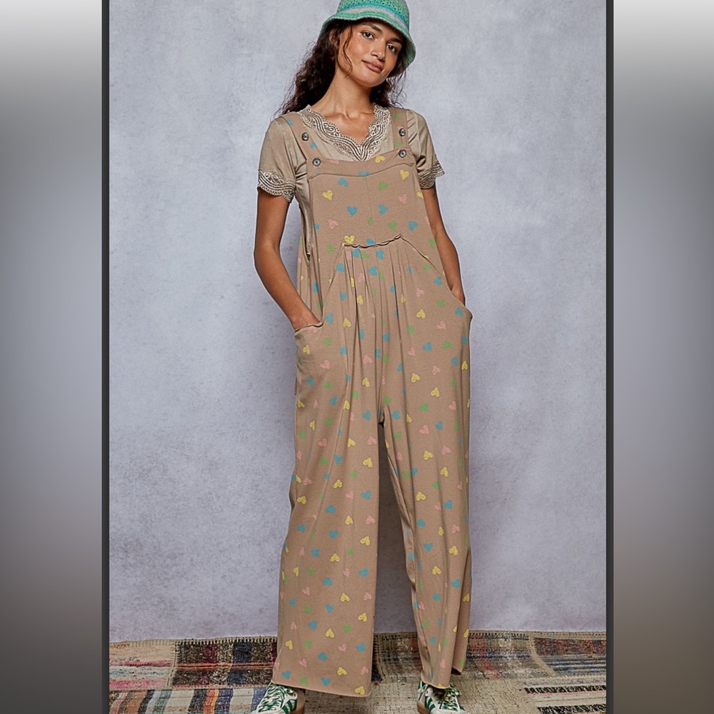 POL Tan Jumpsuit with Multicolor Accents